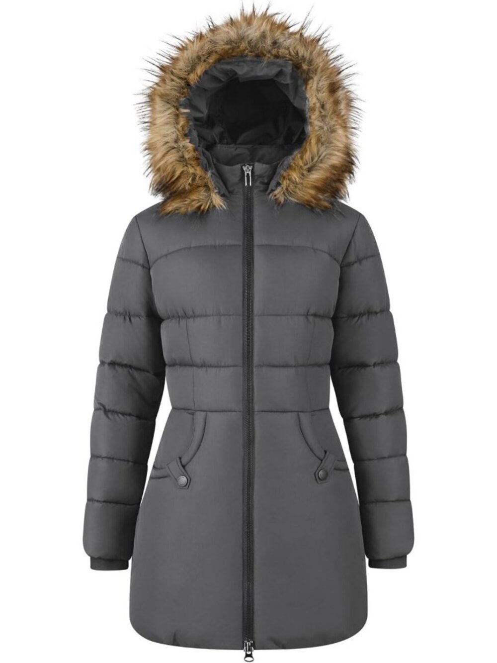 Cozy Women's Winter Puffer Jacket with Faux Fur Hood, Thick & Warm Outerwear